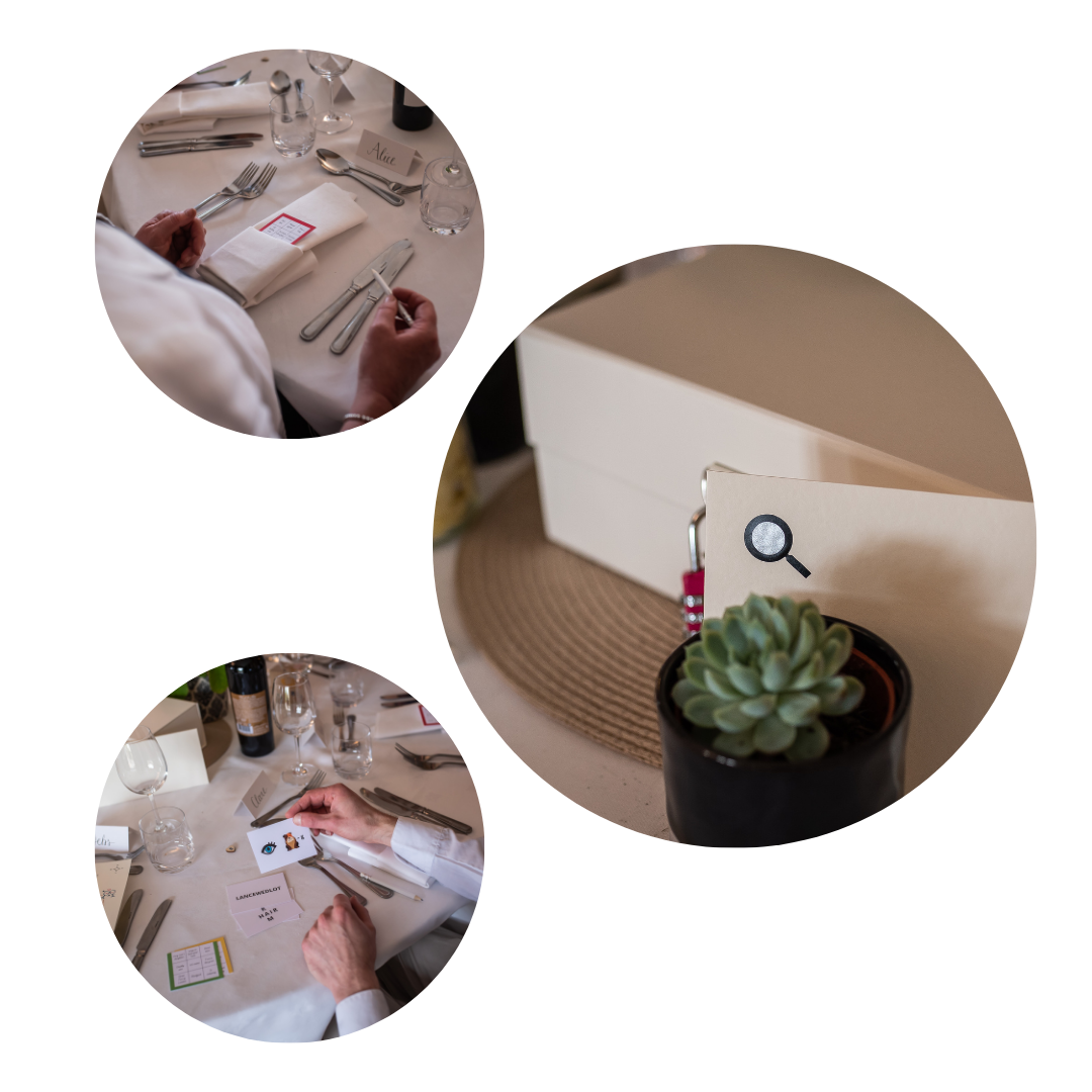 Examples of clues spread around the table for wedding favour puzzle box